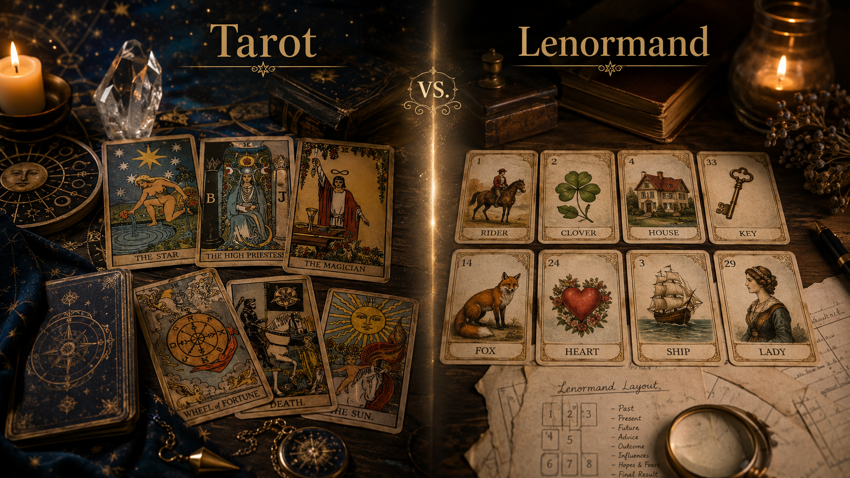Tarot vs. Lenormand: Unterschiede, Gemeinsamkeiten und Anwendungsbereiche