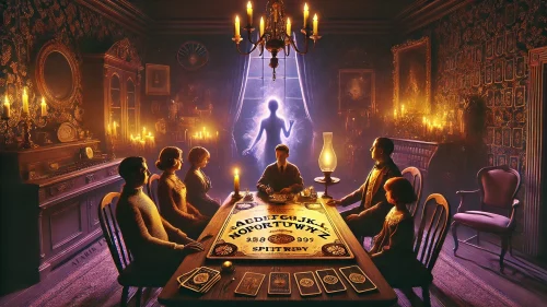 séance scene Die Vorstellung, mit den Toten oder Geistern zu kommunizieren, fasziniert die Menschheit seit Jahrtausenden